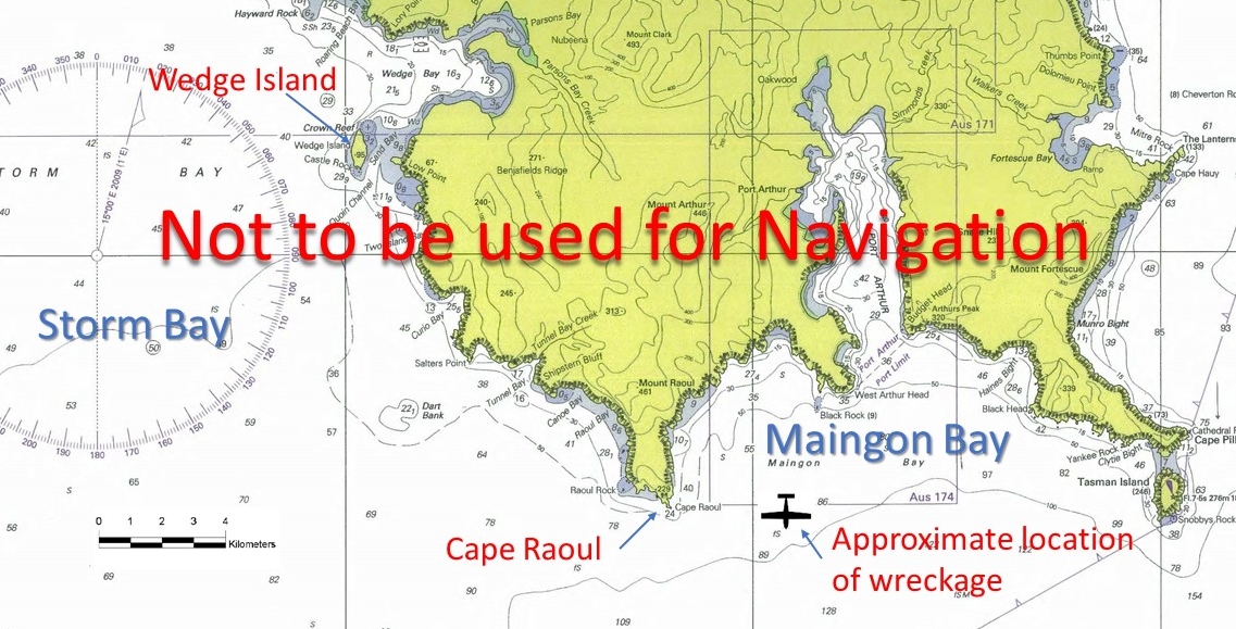 Figure 1: Maritime map of the southern Tasman Peninsula coast, with Wedge Island, Cape Raoul and the location of the wreckage highlighted