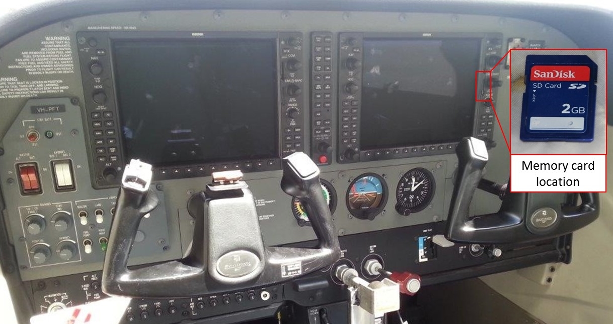 Figure 3: Garmin G1000 avionics system showing normal location of the memory card, as well as the recovered memory card