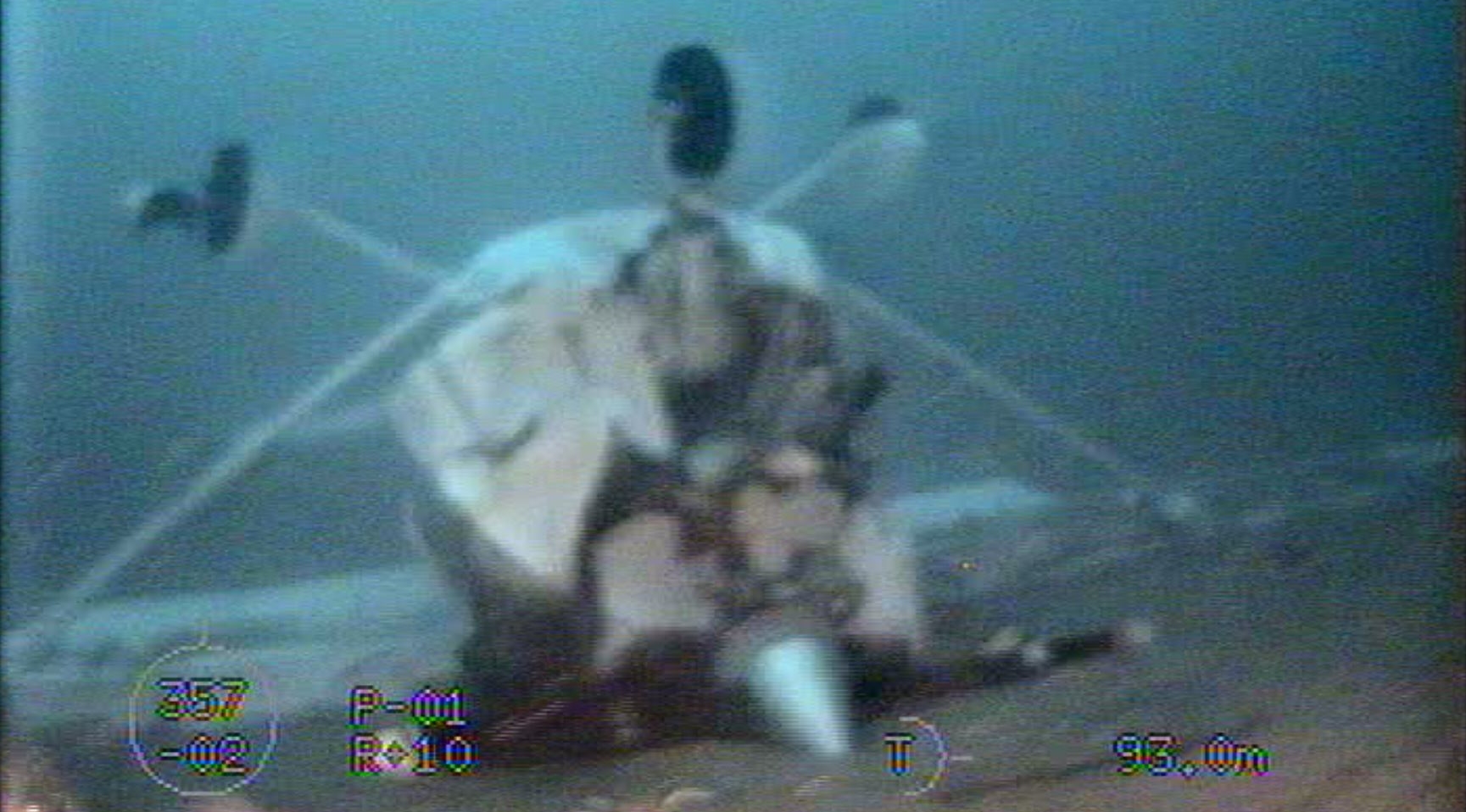 Figure 4: Image taken from the ROV video recording during the survey of the aircraft on the first recovery operation. The aircraft was lying inverted on the seabed