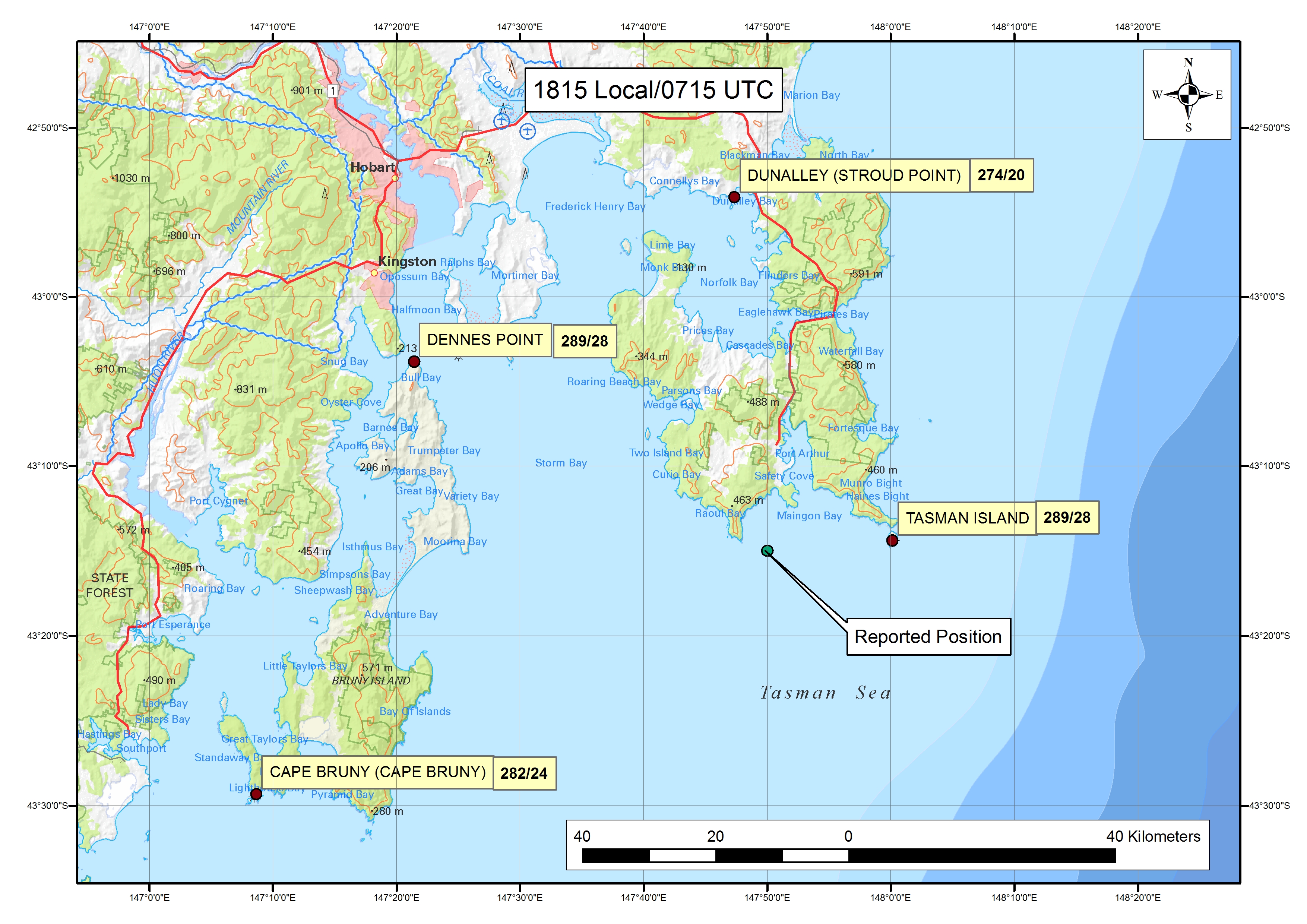 Figure A1: Map of the Storm Bay area showing the location of the Automated Weather Stations, the accident location, and the reported winds at 1815