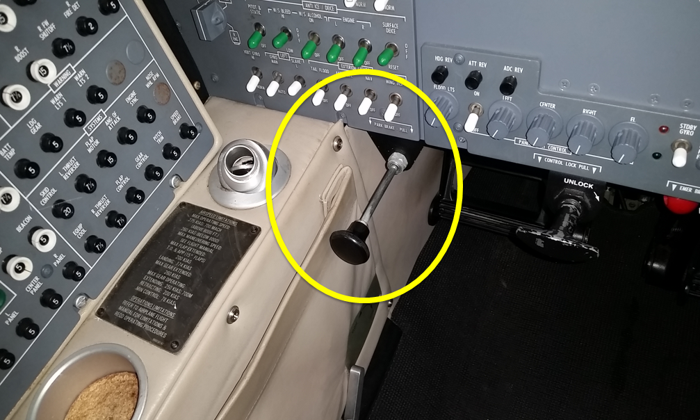 Figure 4: Parking brake lever in the ON position. Source: Aircraft owner