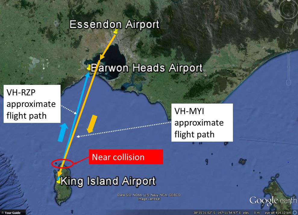 Figure 1: Approximate flight paths of Cessna 150 VH-RZP and SA227 VH-MYI