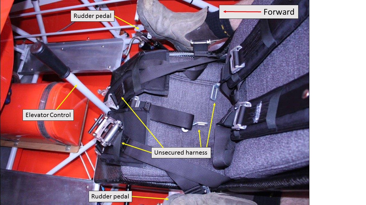 Figure 4: Unsecured forward seat harness, showing the potential for the harness to interfere with the flight controls, in particular during aerobatic manoeuvres
