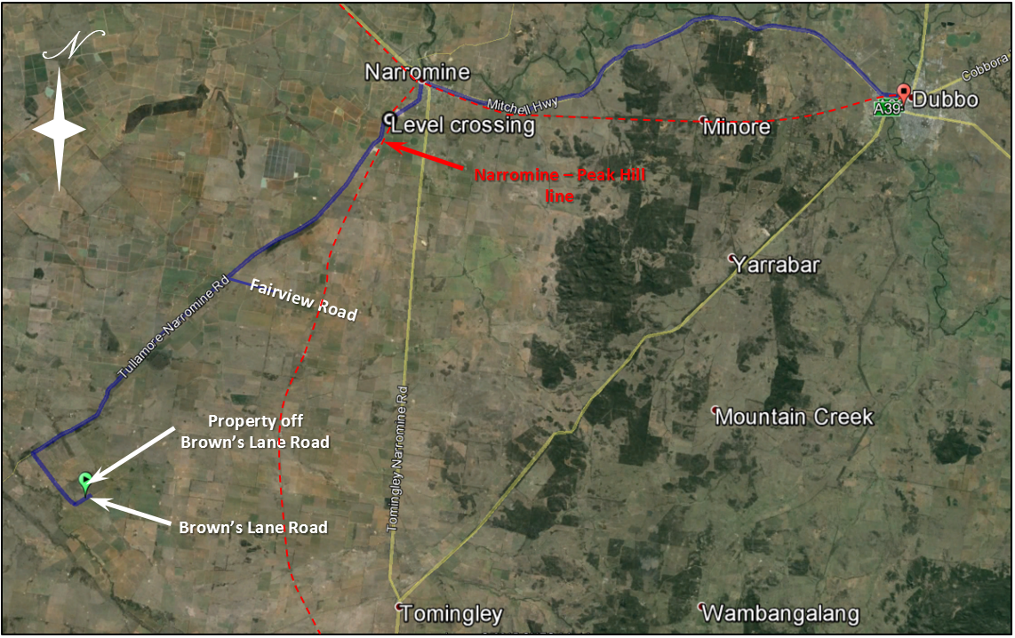 Figure 2: Road-train truck route from property off Brown’s Lane Road to Dubbo