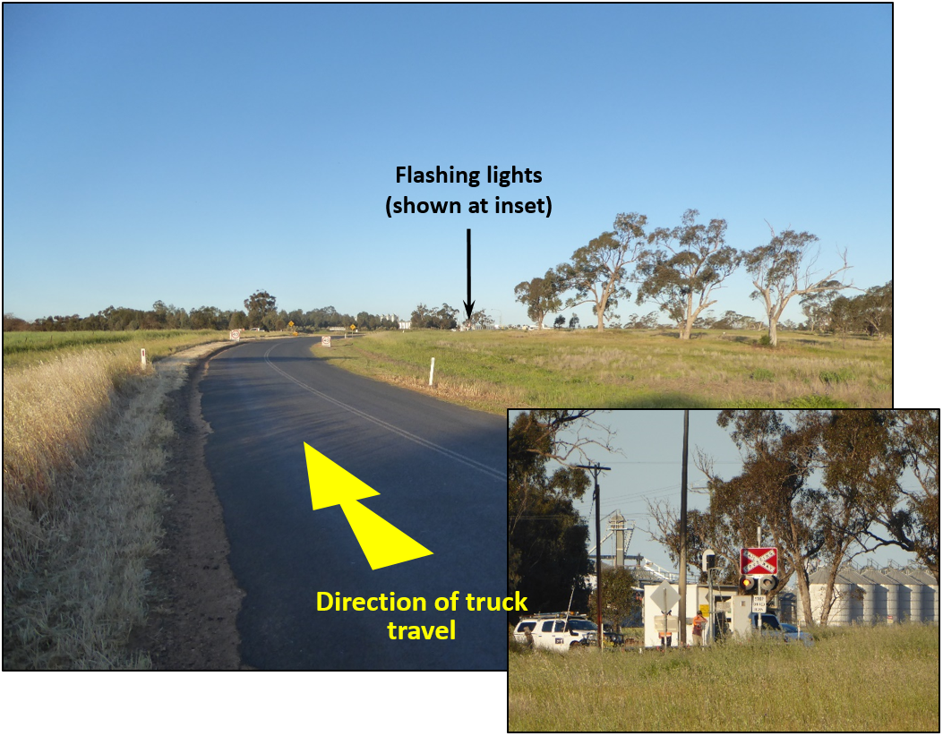 Figure 4:	View approaching railway crossing at 300 m (Inset 30 x zoom)