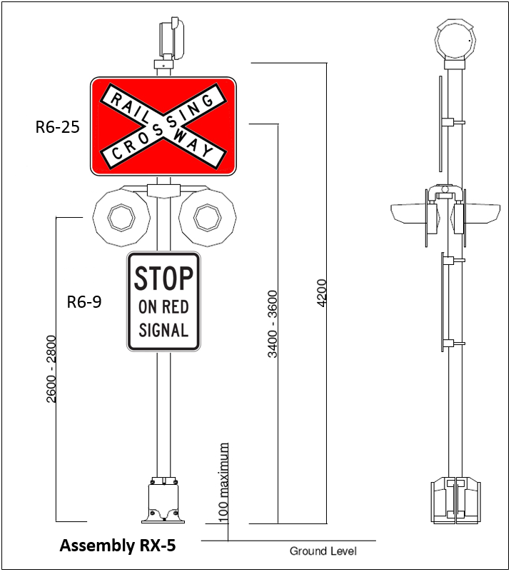 Figure 12:	Typical railway crossing signal assembly, (RX-5) complete with four lamp units, ‘Rail Way Crossing’ sign, and ‘Stop on Red Signal’ sign