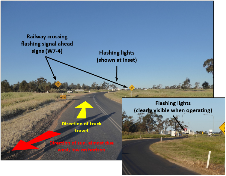 Figure 13:	Photo taken at 1715 (4 days after the collision), about 200 m (Inset 30 x zoom) from railway crossing. Sun almost directly behind road-train truck, its position (azimuth and altitude) was similar to that just before collision