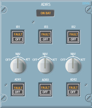 Figure 4: ADIRU rotary switches and individual inertial reference and ADR fault lights and OFF push buttons on the A330 flight deck overhead panel