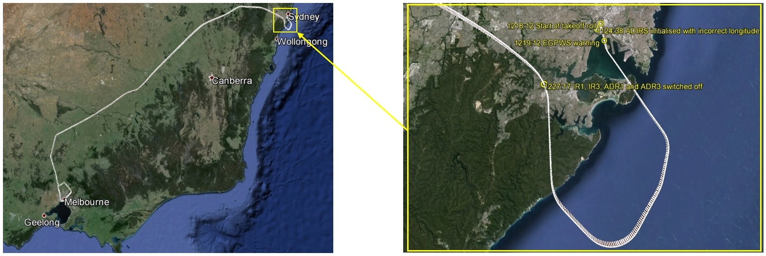 Figure 6: Visual depiction of the flight from Sydney to Melbourne, including an inset of the departure from Sydney (right of the two graphics)
