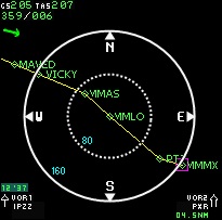Figure 14: ND controls and an example of a PLAN mode display (right picture). Note that the track (in yellow) and waypoints (in green) are displayed but there is no aircraft or runway symbol