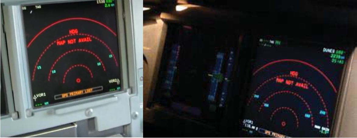 Figure 5: Simulator recreation of the captain’s PFD and ND after the ADIRU 1 and 3 switches were selected off. Note the GPS PRIMARY LOST message (in amber) at the base of the photographs and the HDG and MAP NOT AVAIL message (in red) at the centre-upper of the photographs