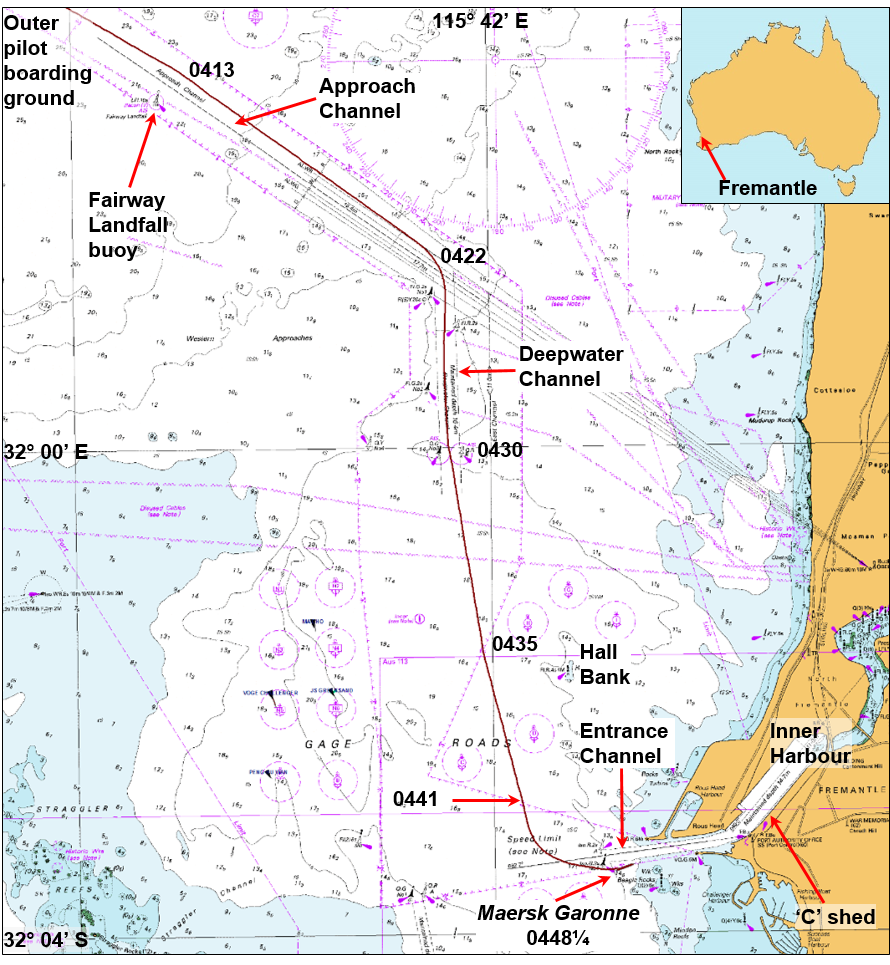 Figure 2: Section of navigational chart Aus 112 showing Maersk Garonne’s track