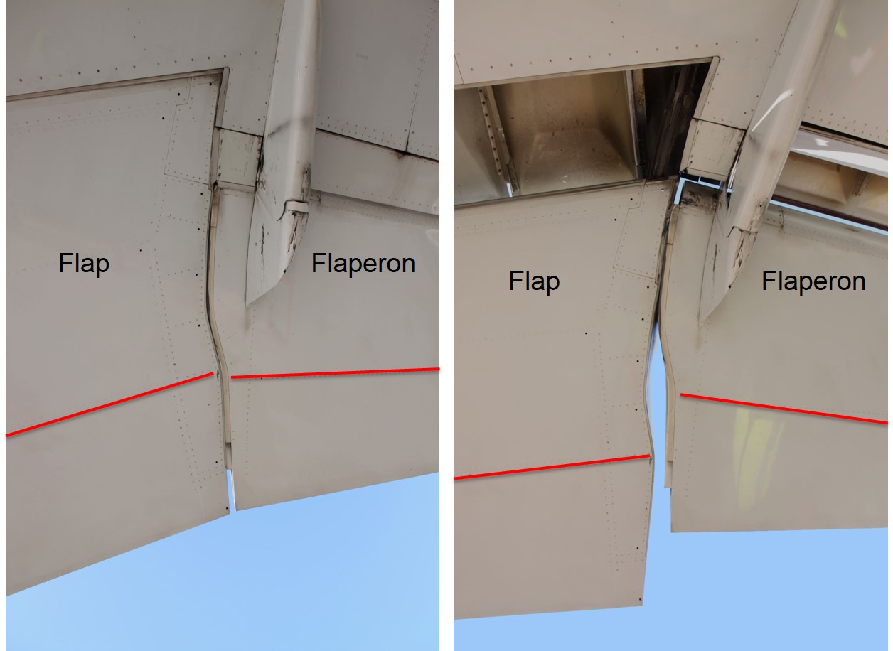 Figure 22: Flaperon and outboard flap from below, showing relative alignment of rear spar rivet line (highlighted) in the flaps retracted (left) and extended position (right)