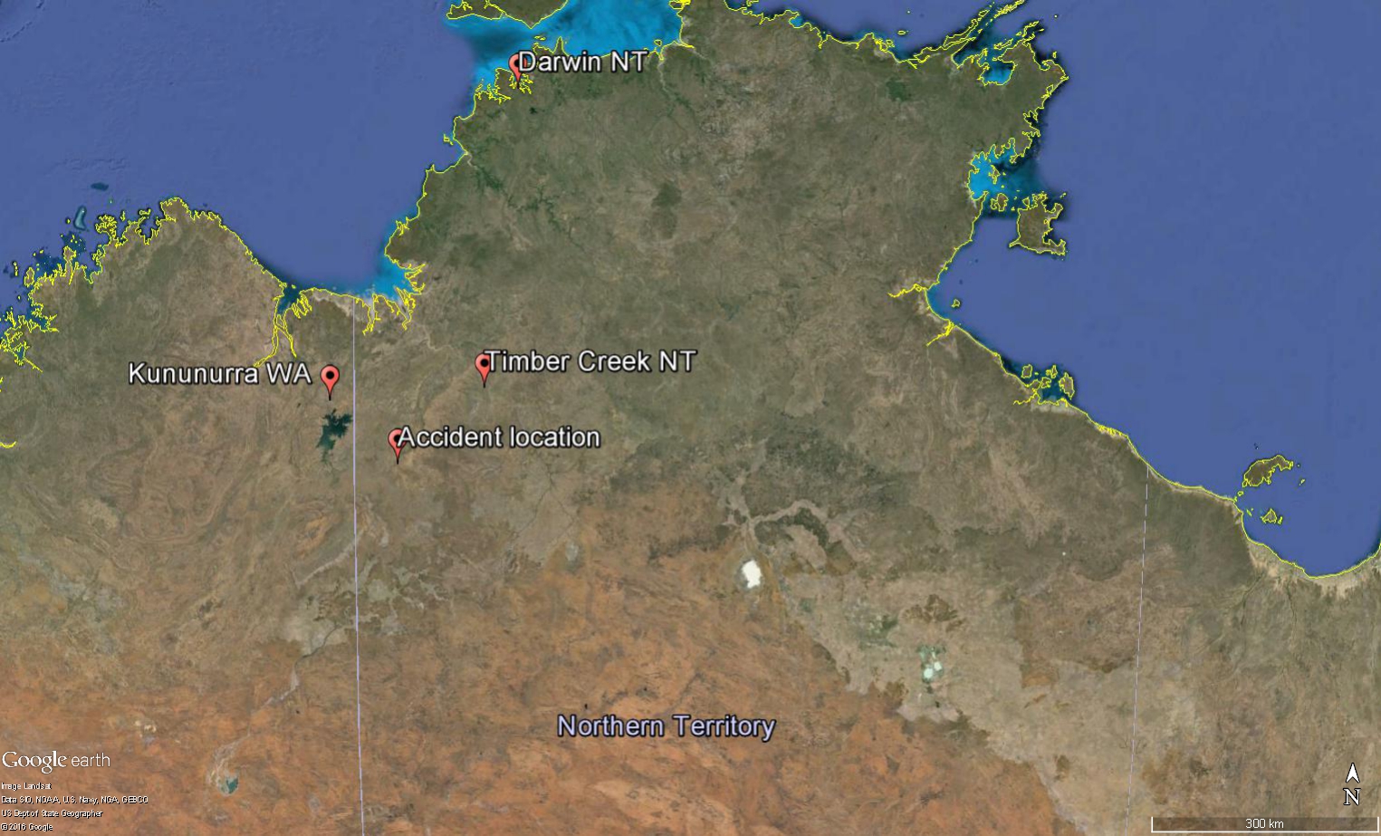 Figure 1: Accident site location, about 154 km south-west of Timber Creek, Northern Territory