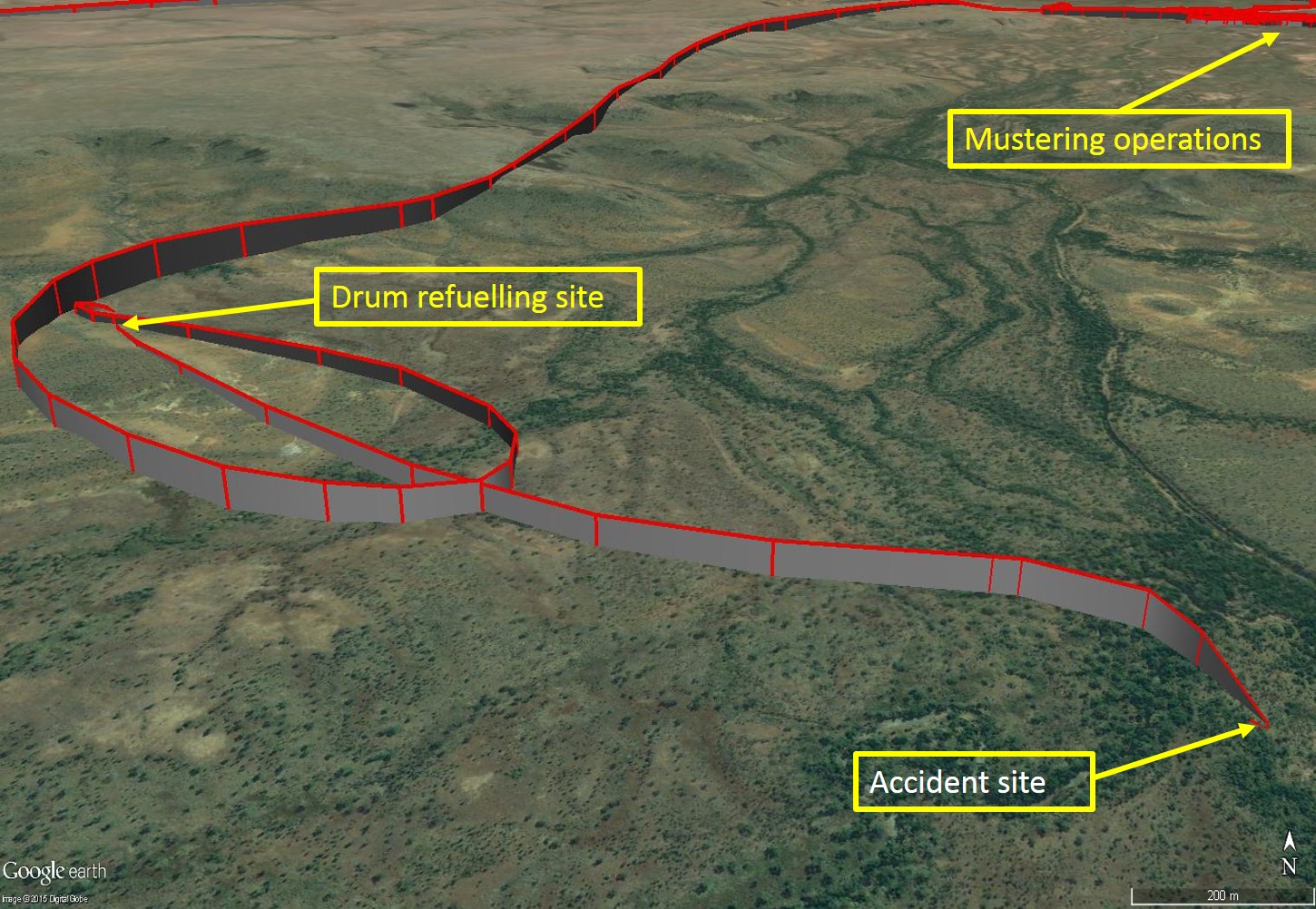 Figure 3: KJJ’s recorded GPS flight path, showing the helicopter’s track from the drum refuelling site to the accident site