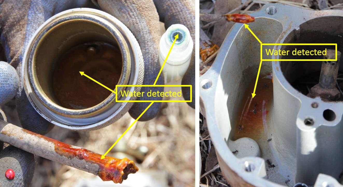 Figure 5: Gascolator (left) and carburettor (right) showing fuel contamination as indicated by the change in colour of the water detecting paste to red