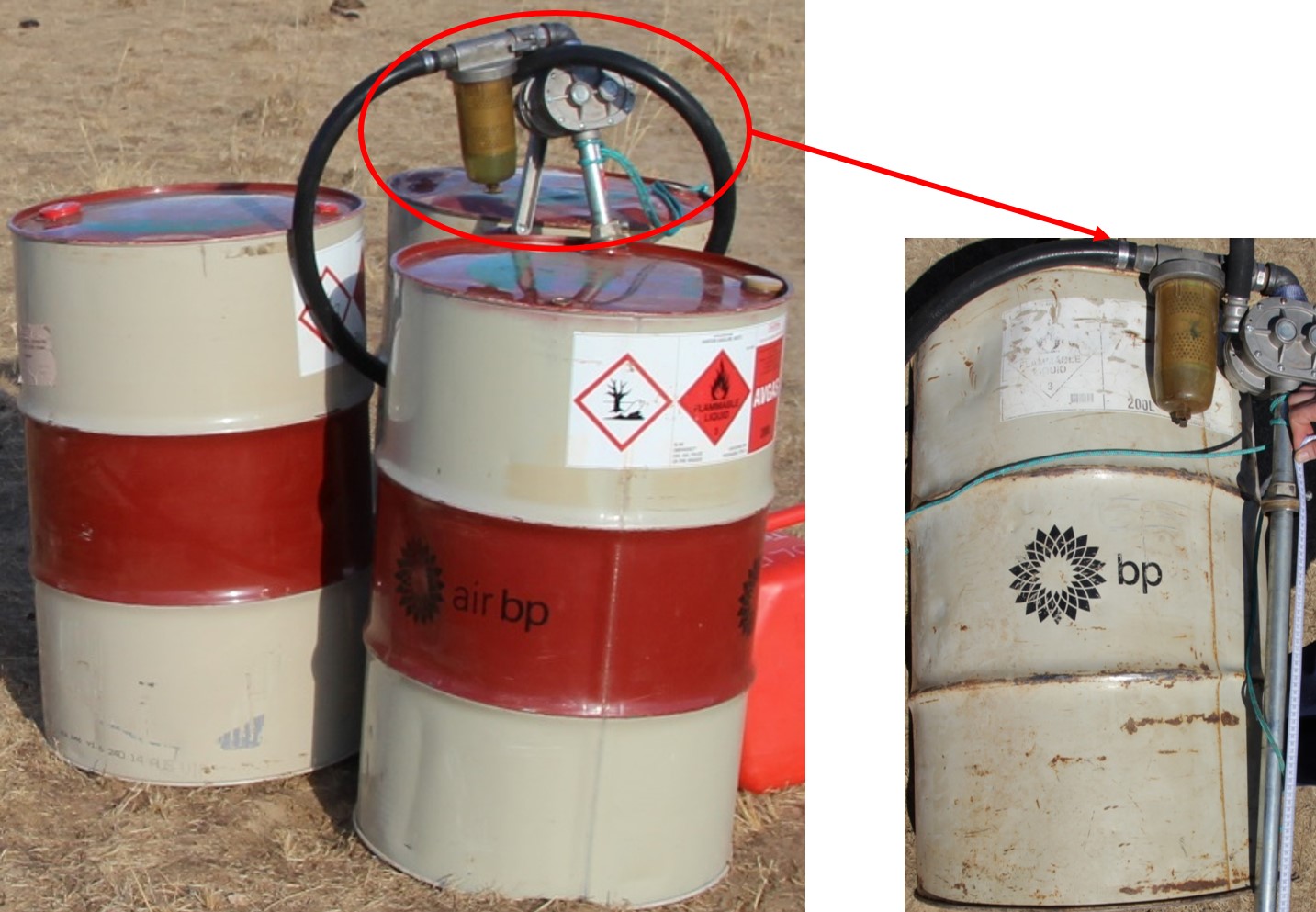 Figure 7: Drum fuel supply with a close-up (right) of the older, rusty and dented Avgas fuel drum. The left picture shows the drum fuel hand pump positioned in the newer of the two open drums