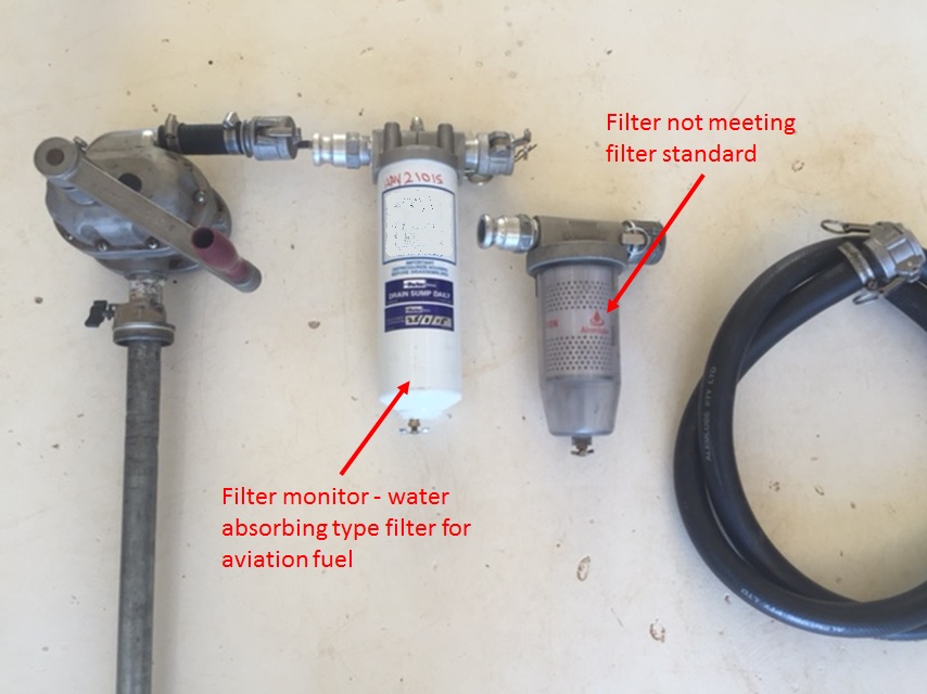 Figure 9: Examples of two types of filters used during drum refuelling. Note the off-white filter monitor (at left) meets the industry standard