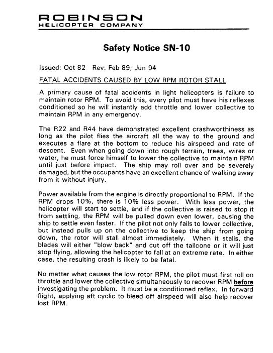 Appendix A – Robinson Helicopter Company Safety Notices SN-10