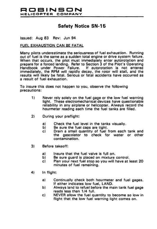 Appendix A – Robinson Helicopter Company Safety Notices SN-15