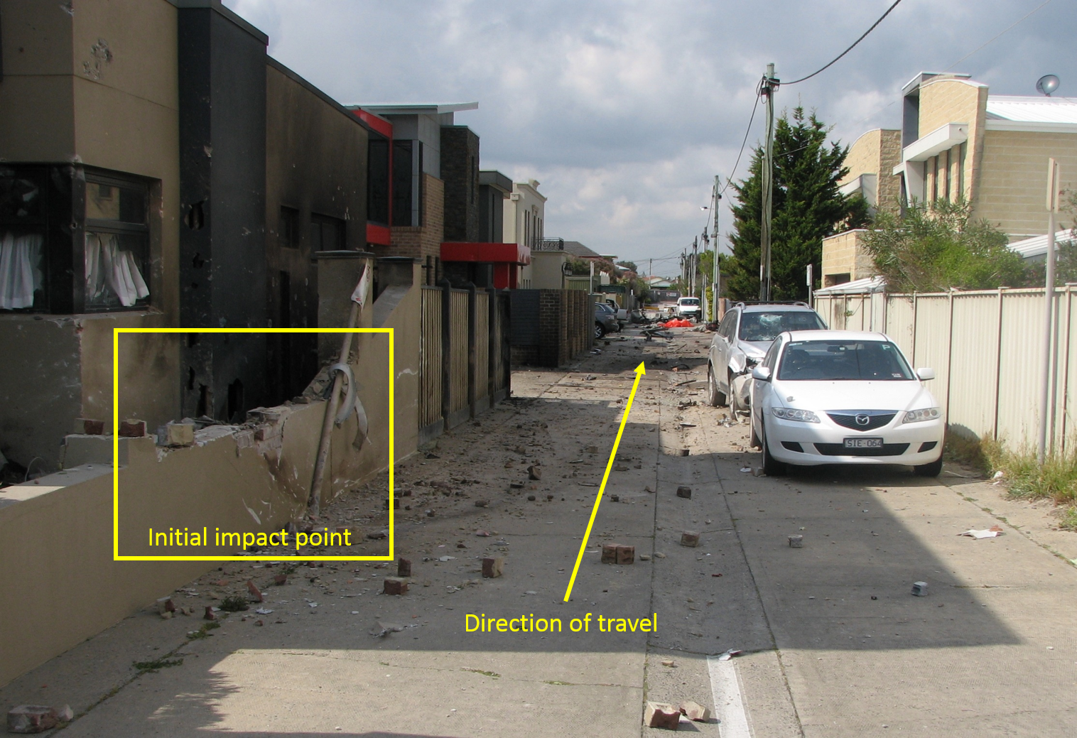 Figure 1: Accident site from the initial impact point on the left, looking south down the laneway