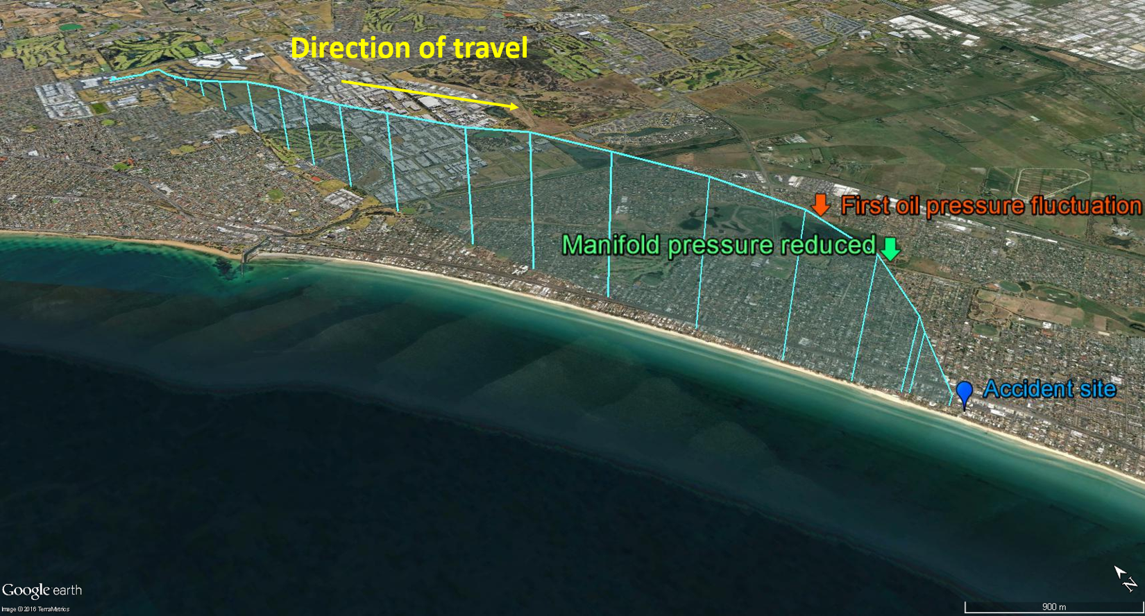 Figure 5: Downloaded GPS track, and the position of the first oil pressure fluctuation and reduction in engine manifold pressure