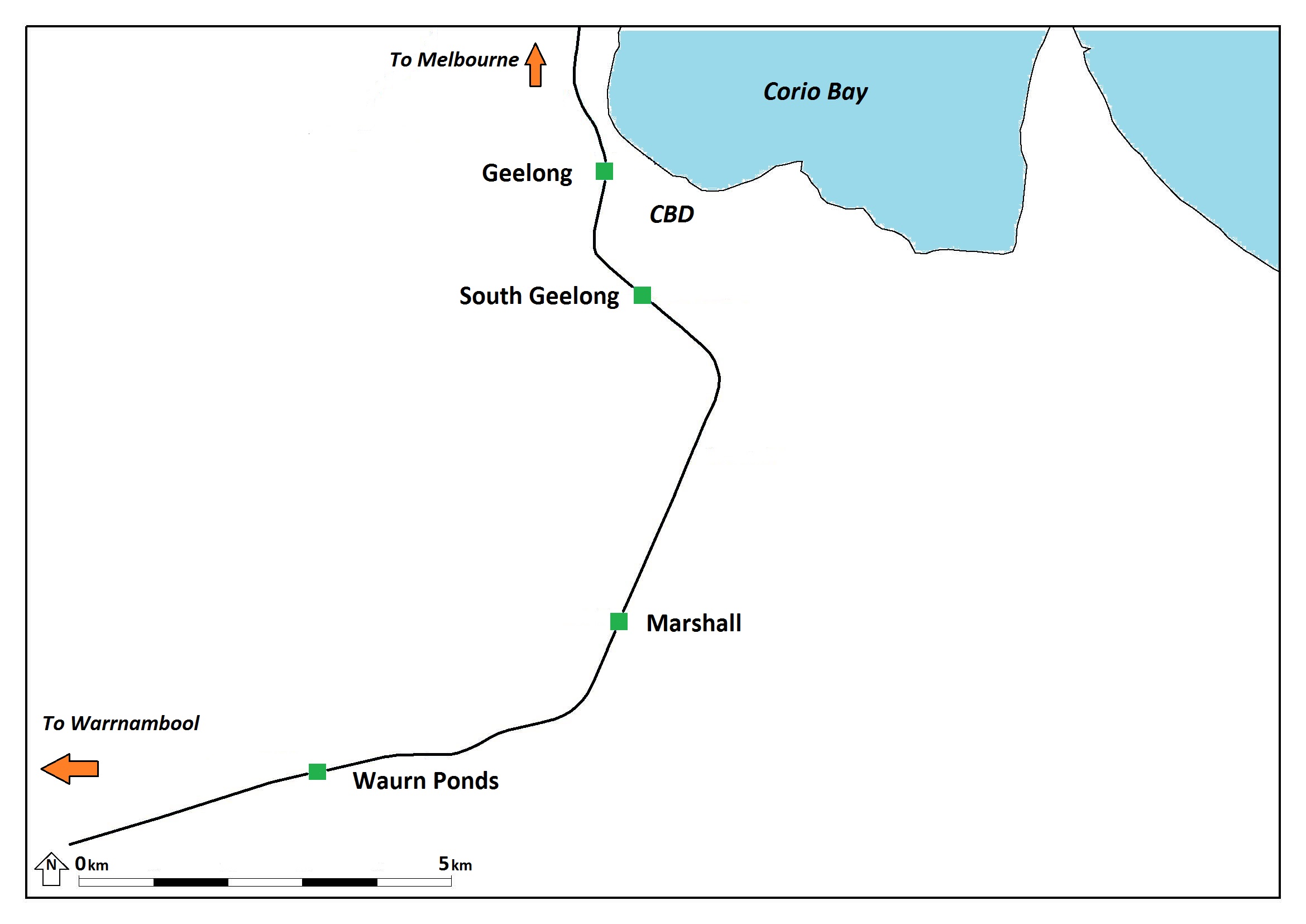 Figure 1: The route between Geelong and Waurn Ponds stations