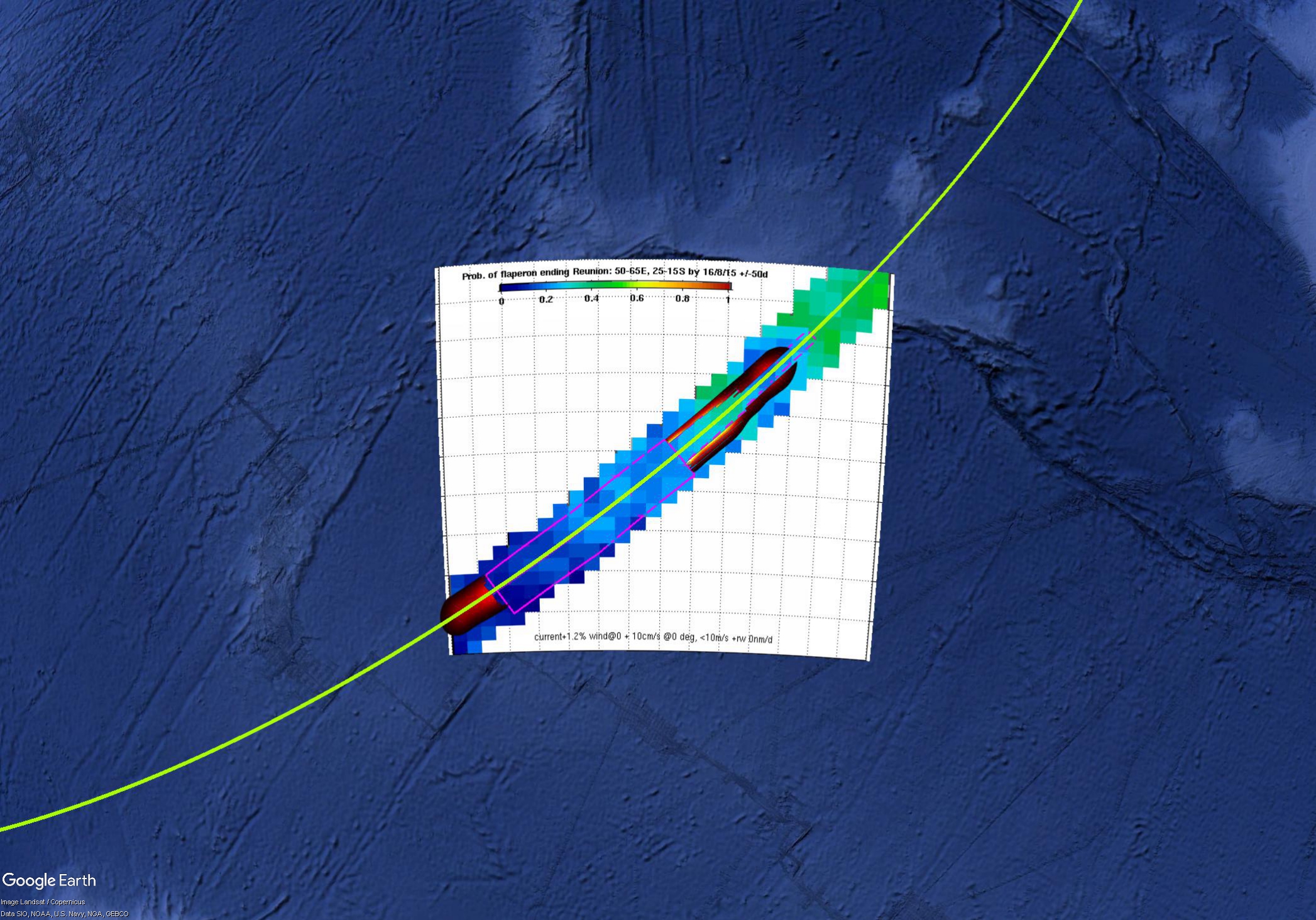 Figure 12. Updated probability distribution with the results of the underwater search and the drift analysis results overlaid
