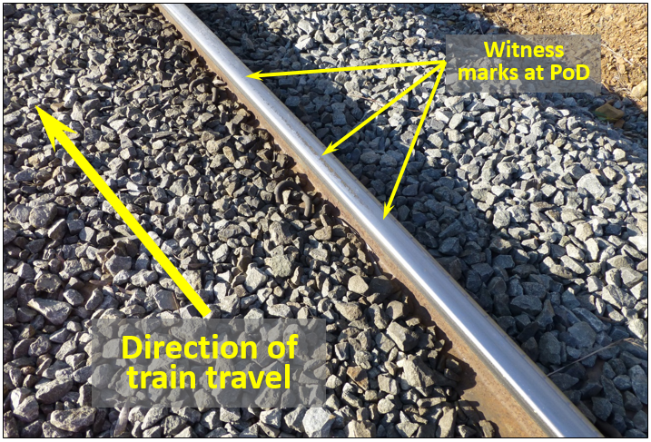 Figure 8: Witness marks at PoD (95.185 km) shown by line of arrows on railhead