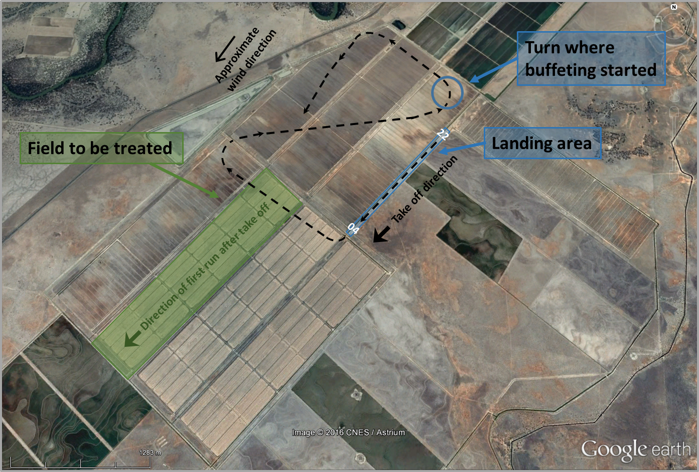 Figure 1: Map showing the location of the landing area, field to be treated and the aircraft flight path
