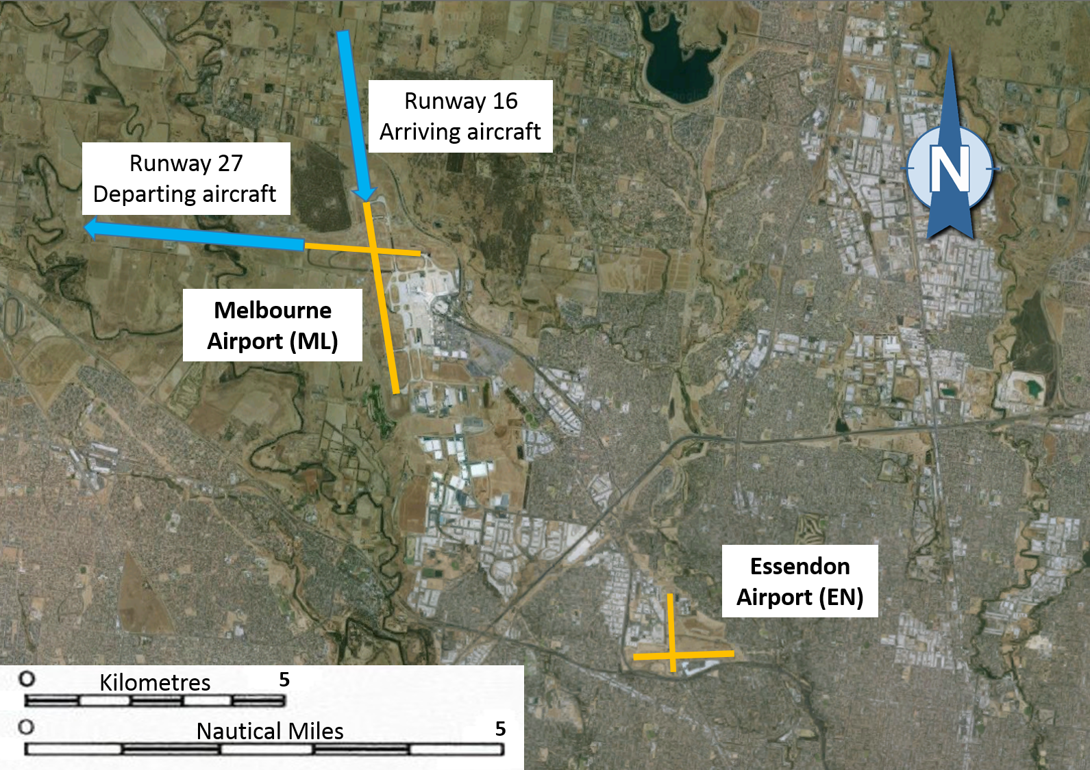 Figure 1: The runway configuration in use at Melbourne Airport prior to the runway change, showing runway 16 for arrivals and 27 for departures, and the location of Essendon Airport