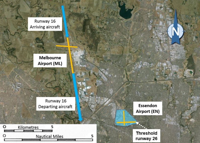 Figure 2: Indicative flight paths for runway 16 operations at Melbourne Airport and the area overhead Essendon airport and the threshold of runway 26, where WYR was operating