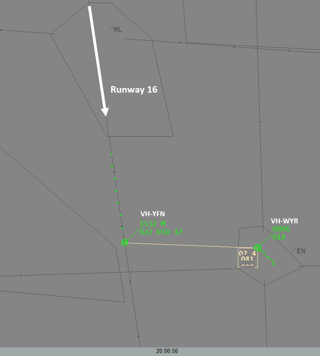 Figure 3: Air traffic control surveillance image at 0706:56, showing VH-YFN 2.4 NM (4.4 km) from and 800 ft above VH-WYR at Essendon Airport