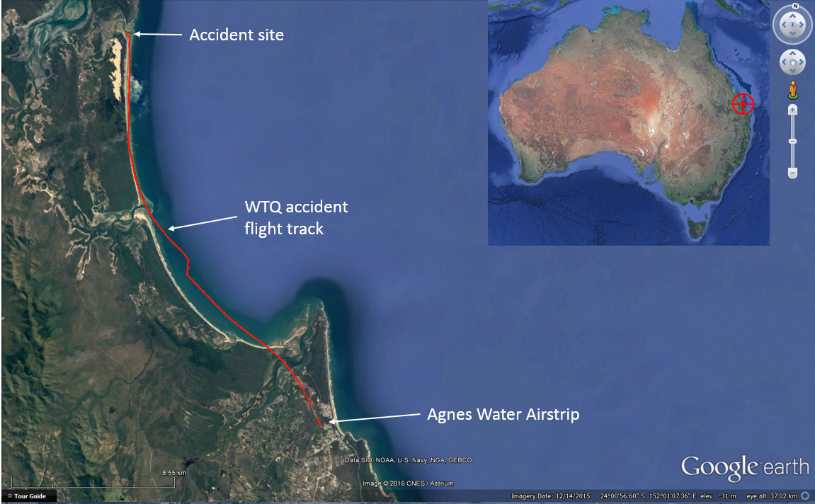 VH-WTQ flight track and accident location with an indication of the general area at inset