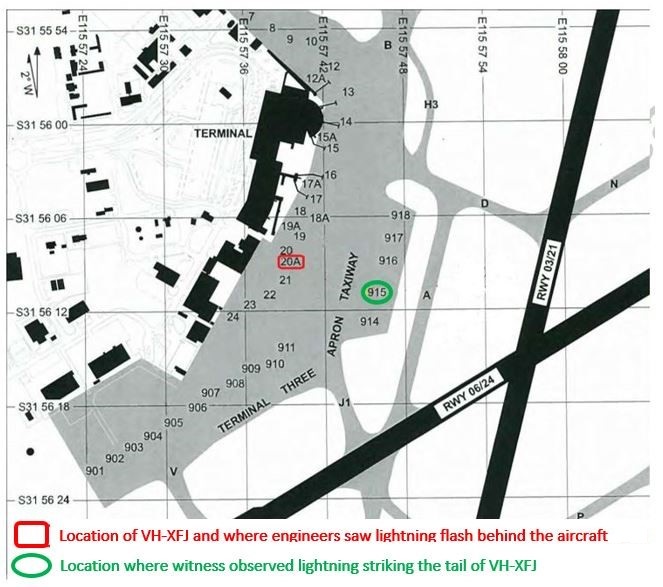 Figure 1: Terminal three at Perth Airport indicating parking bays 20A (in red) and 915 (in green) and the witness locations