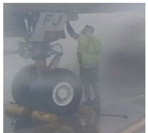 Figure 2: Perth Airport ramp closed-circuit television images showing the RS at the nose landing gear of XFJ