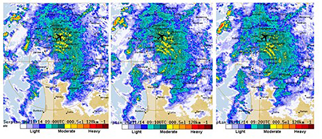 Figure 5: BoM weather radar screen captures of the weather at Perth Airport from 1700 to 1720 (0900 to 0920 UTC) on 26 November 2014 showing consistent light-to-moderate rain