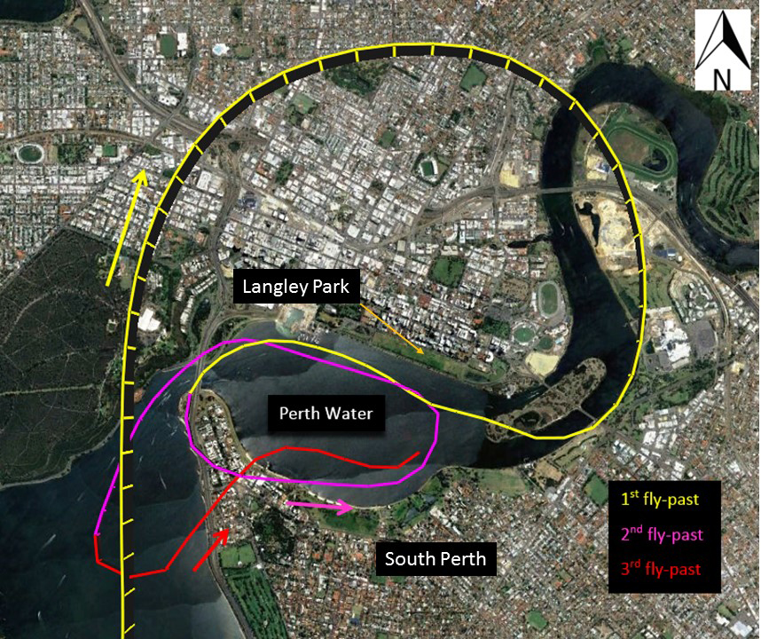 Figure 1: CQA air display flight track, showing the first fly-past in yellow, the second in magenta and the third in red