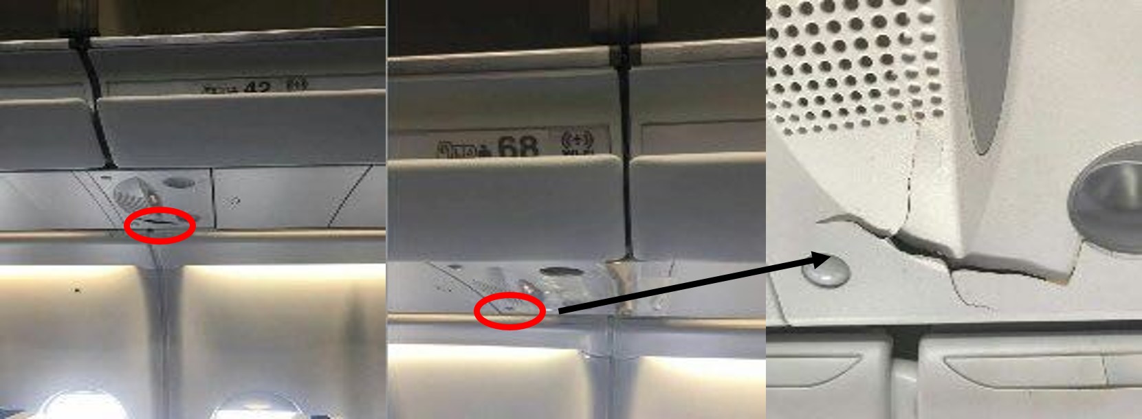 Figure 1: Damage to cabin (row 42, and 68 passenger service unit)Figure 1: Damage to cabin (row 42, and 68 passenger service unit)