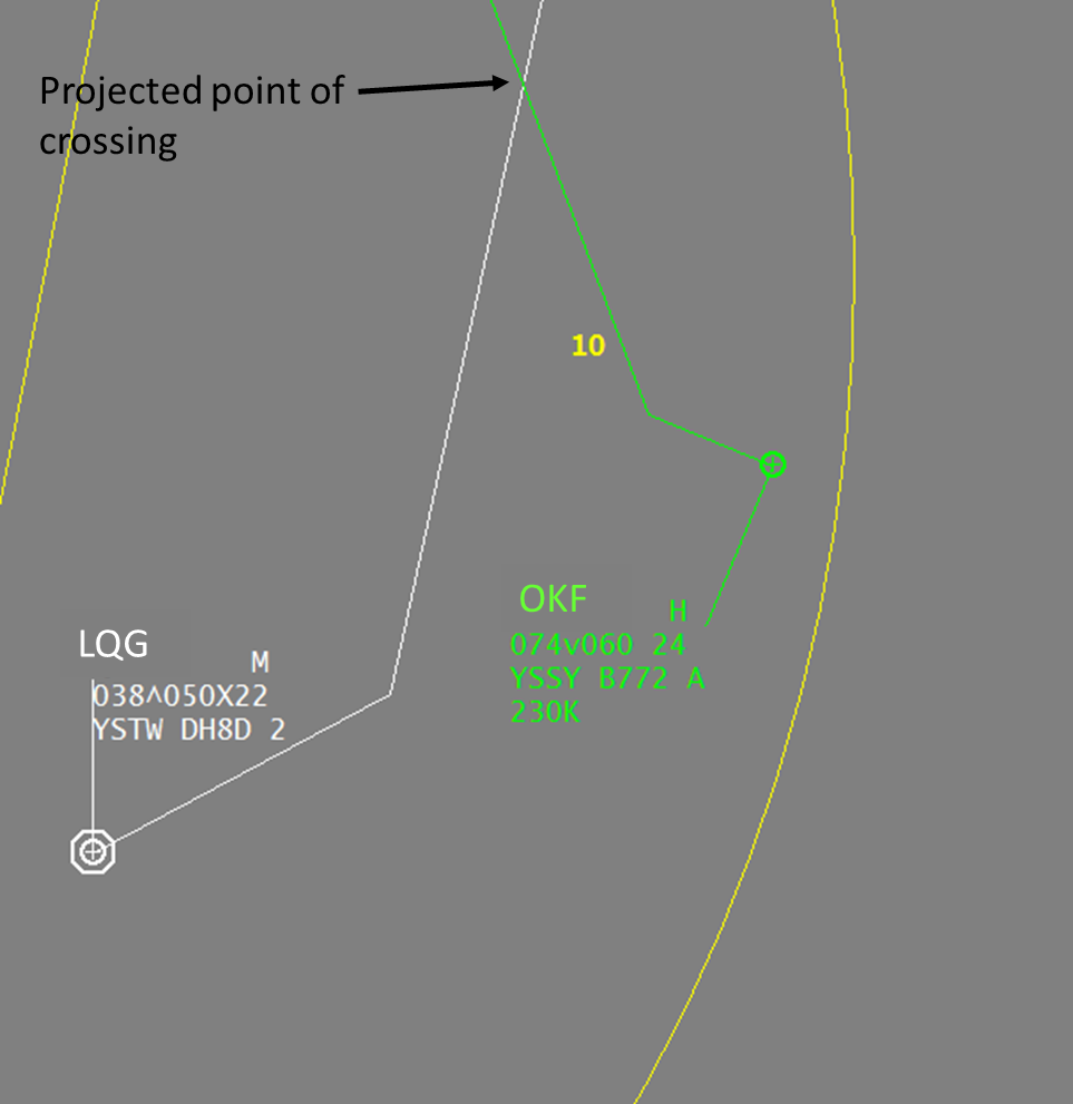 Figure 1: Disposition of aircraft when LQG was passing 3,800 ft direct KAMBA and showing the projected point of crossing.