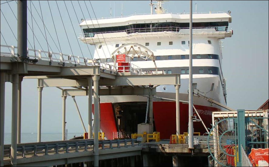 Figure 1: Spirit of Tasmania II’s upper and lower bow ramps deployed at Station Pier