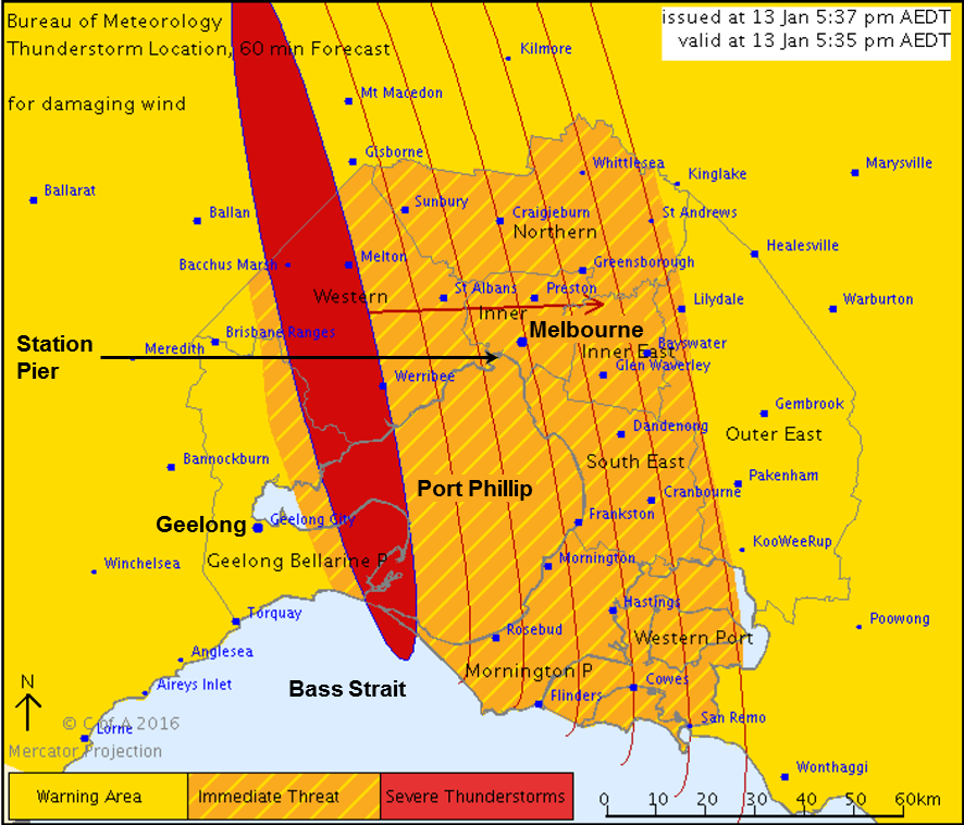 Figure 2: Map issued with the severe thunderstorm warning at 1737 on 13 January