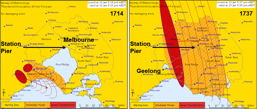 Figure 9: Maps issued with the 1714 and 1737 severe thunderstorm warnings