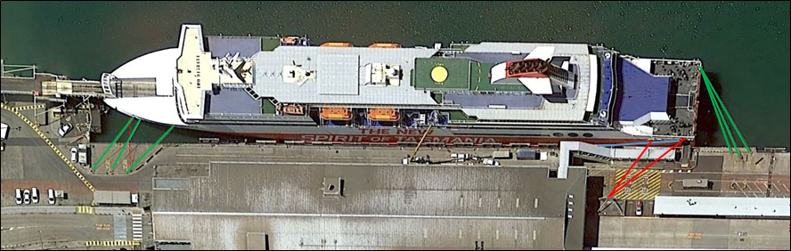 Figure 10: Spirit of Tasmania II's mooring lines as run on 13 January (lines highlighted)
