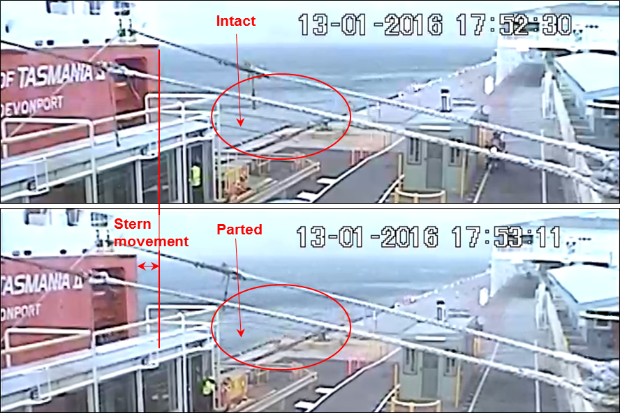 Figure 11: CCTV images showing the ship moving off the wharf and the first line parting