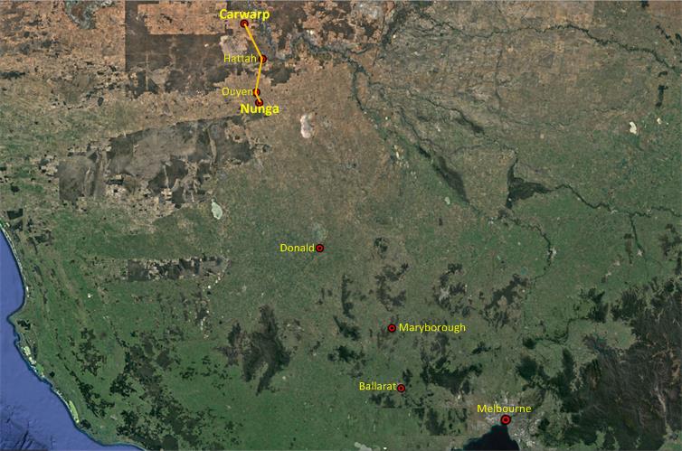 Figure 1: The route from Carwarp to Nunga and derailment location relative to Melbourne