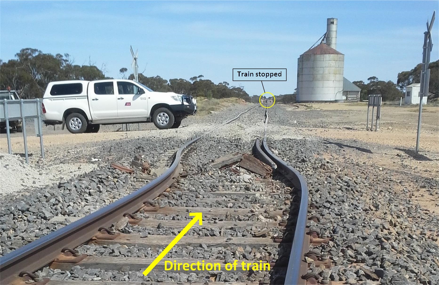 Figure 2: Laterally displaced track just prior to the Janiels Road level crossing, looking in the train’s direction of travel.