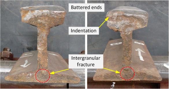 Figure 6: Fractured weld ends, the Up-side rail is on the left and the Down-side rail on the right. The area of intergranular fracture is identified.