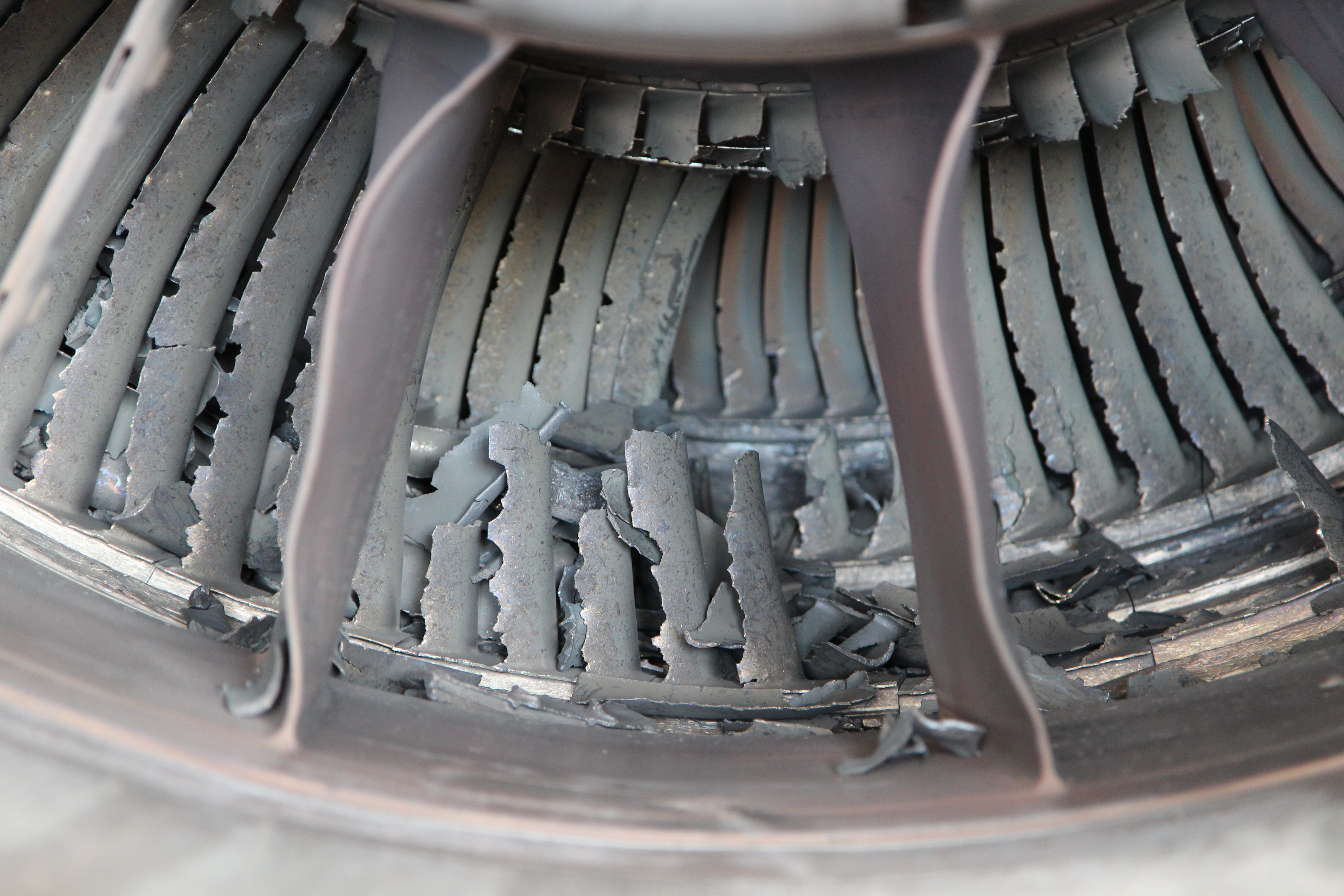 Figure 2: Right engine low-pressure turbine damage, looking forward from the exhaust duct