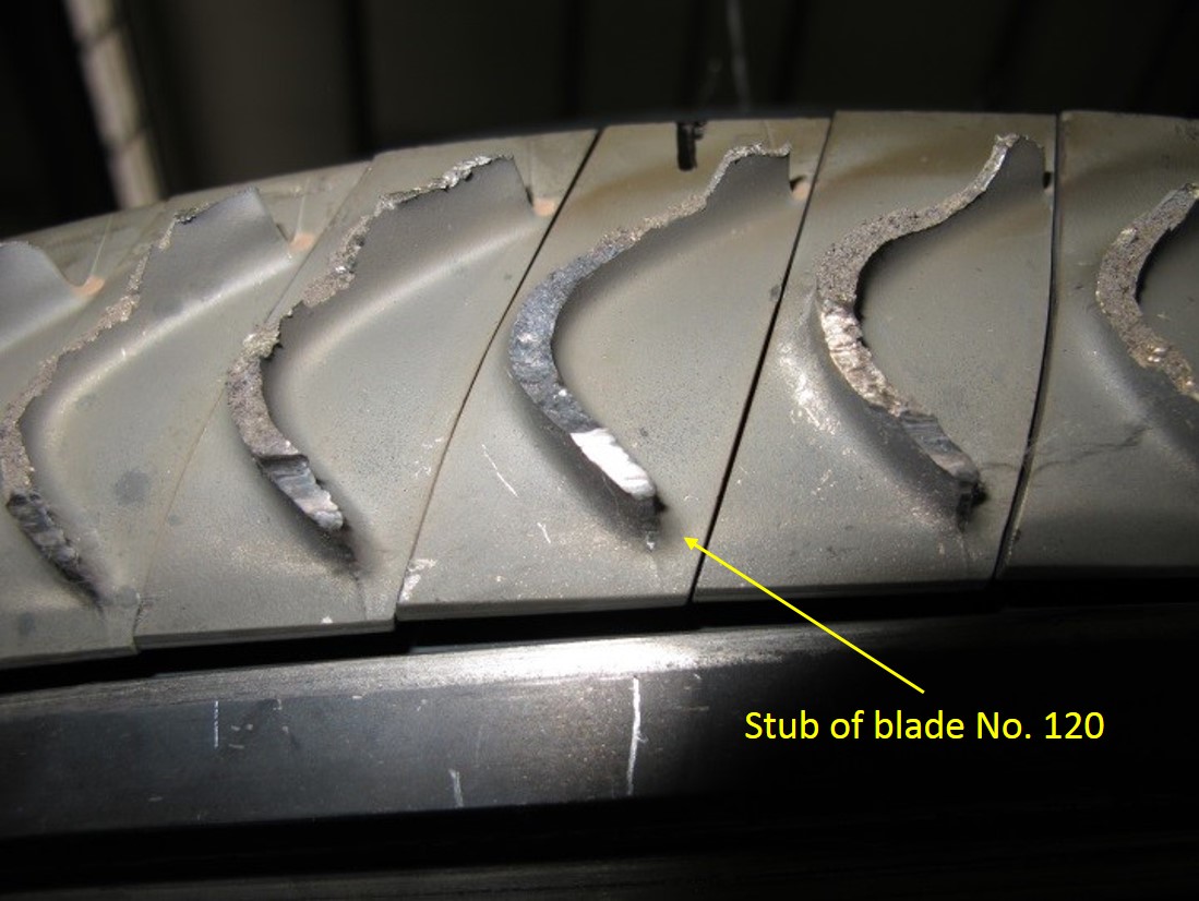 Figure 4: A number of the fractured stage four low‑pressure turbine blade stubs, with the stub of blade 120 highlighted